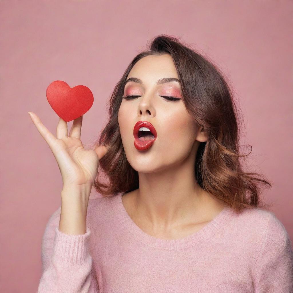 A fashionable, playful woman playfully blowing an animated, heart-shaped kiss.