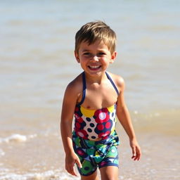 A young boy at the beach wearing a colorful swimsuit, enjoying the sun and sand