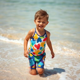 A young boy at the beach wearing a colorful swimsuit, enjoying the sun and sand