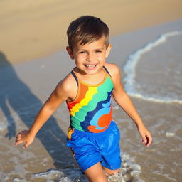 A young boy at the beach wearing a colorful swimsuit, enjoying the sun and sand