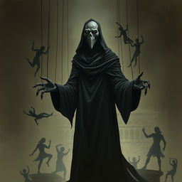 A tall, slender figure cloaked in flowing black robes, known as the Puppet Master