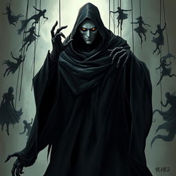 A tall, slender figure cloaked in flowing black robes, known as the Puppet Master