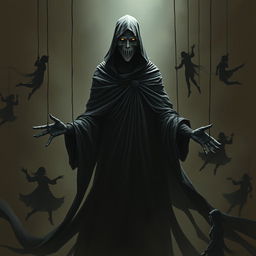 A tall, slender figure cloaked in flowing black robes, known as the Puppet Master