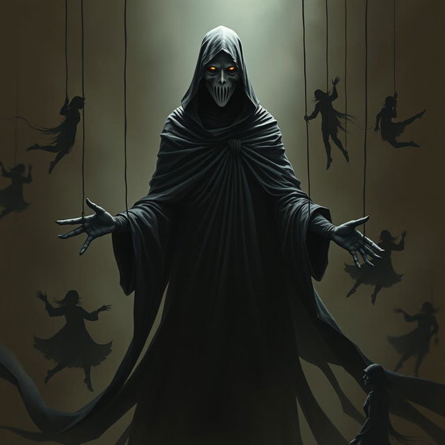 A tall, slender figure cloaked in flowing black robes, known as the Puppet Master