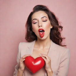 A fashionable, playful woman playfully blowing an animated, heart-shaped kiss.