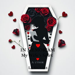 A novel cover featuring the silhouette of a woman in a coffin made of playing cards