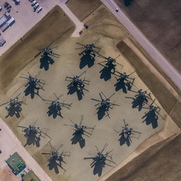 An aerial view of a large and secure SWAT premises, with five Apache military helicopters neatly parked in an organized pattern.