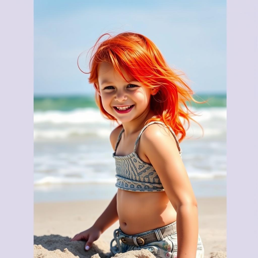 A young girl with vibrant red hair, wearing a stylish crop-top, enjoying her time at the beach