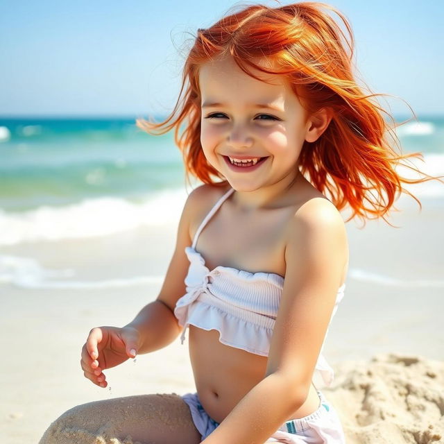 A young girl with vibrant red hair, wearing a stylish crop-top, enjoying her time at the beach