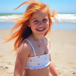 A young girl with vibrant red hair, wearing a stylish crop-top, enjoying her time at the beach