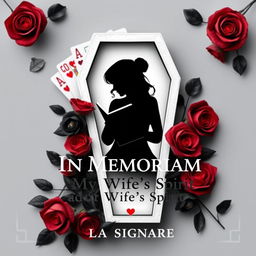 A novel cover featuring a silhouette of a woman inside a coffin made of playing cards, holding a notebook