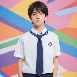 Anime-style boy in detailed Japanese school uniform, standing in a confident pose, with a colorful, dynamic anime background.