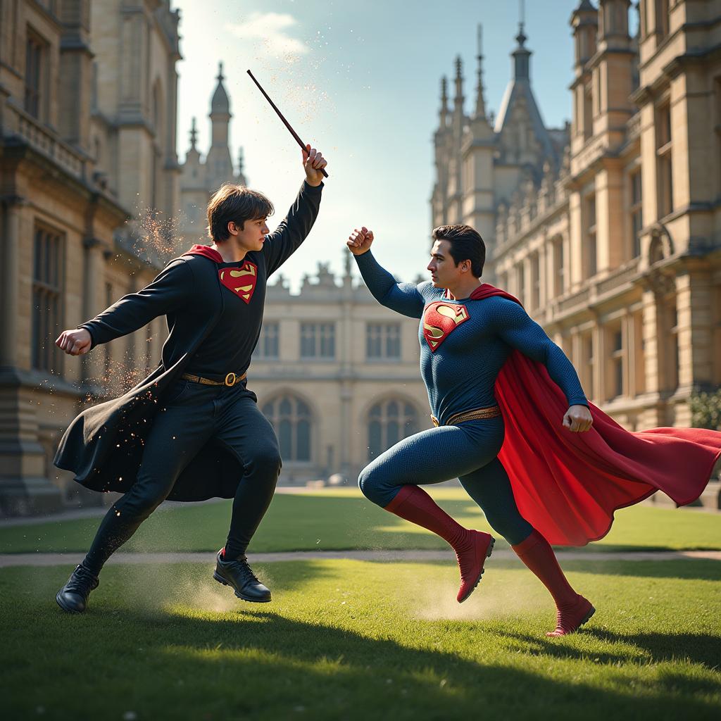 A dynamic and intense battle scene between Harry Potter and Superman taking place at the historic Oxford University