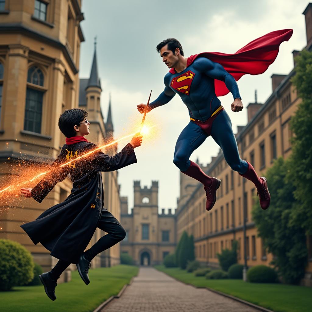 A dramatic and thrilling confrontation between Harry Potter and Superman set against the picturesque backdrop of Oxford University