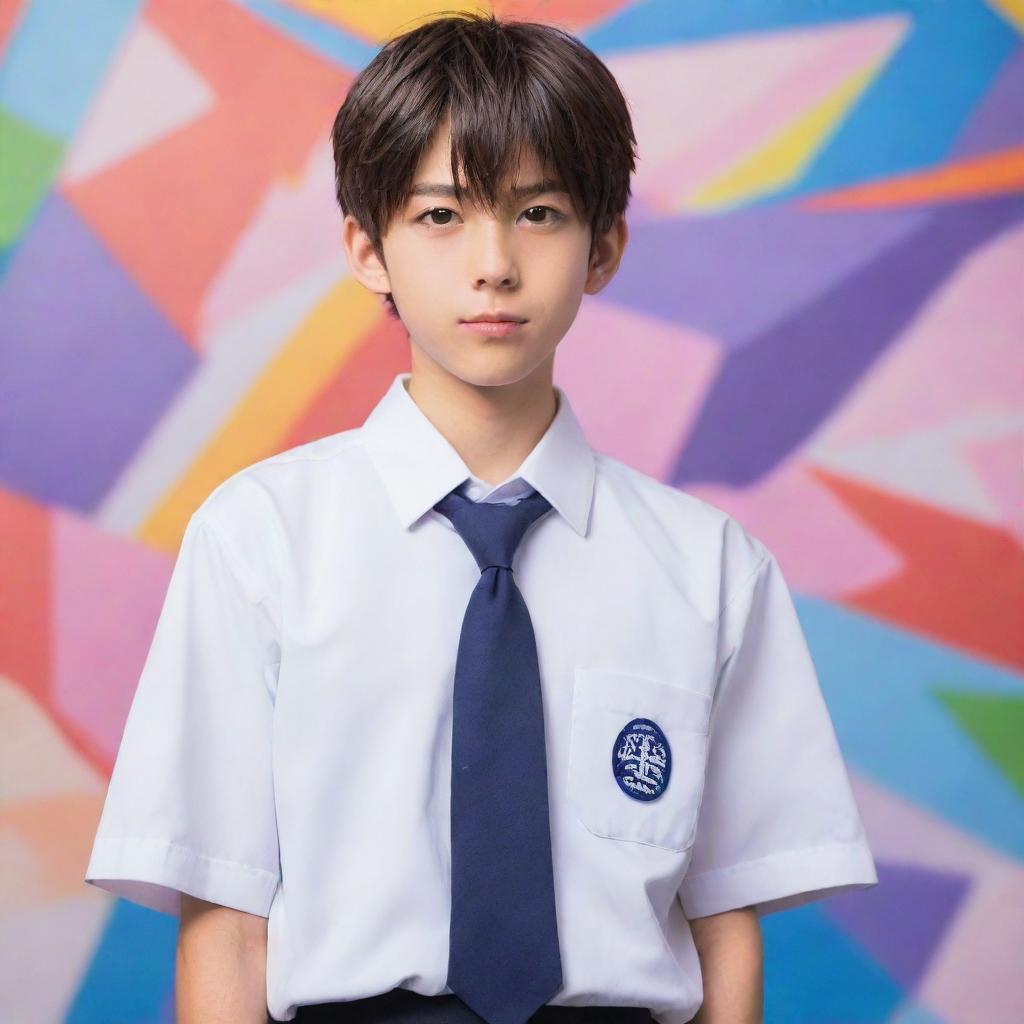 Anime-style boy in detailed Japanese school uniform, standing in a confident pose, with a colorful, dynamic anime background.