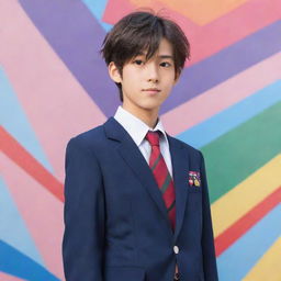 Anime-style boy in detailed Japanese school uniform, standing in a confident pose, with a colorful, dynamic anime background.