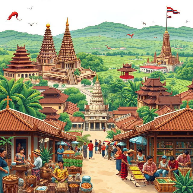 A vibrant and detailed illustration representing the historical and cultural essence of Yogyakarta, showcasing traditional Javanese architecture, ancient temples like Borobudur and Prambanan, and iconic landmarks such as the Kraton Palace