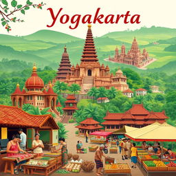 A vibrant and detailed illustration representing the historical and cultural essence of Yogyakarta, showcasing traditional Javanese architecture, ancient temples like Borobudur and Prambanan, and iconic landmarks such as the Kraton Palace