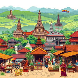 A vibrant and detailed illustration representing the historical and cultural essence of Yogyakarta, showcasing traditional Javanese architecture, ancient temples like Borobudur and Prambanan, and iconic landmarks such as the Kraton Palace