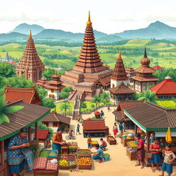 A vibrant and detailed illustration representing the historical and cultural essence of Yogyakarta, showcasing traditional Javanese architecture, ancient temples like Borobudur and Prambanan, and iconic landmarks such as the Kraton Palace