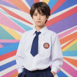 Anime-style boy in detailed Japanese school uniform, standing in a confident pose, with a colorful, dynamic anime background.