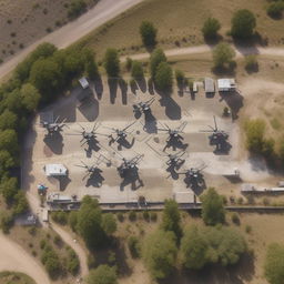 An aerial view of a large and secure SWAT premises, with five Apache military helicopters neatly parked in an organized pattern.