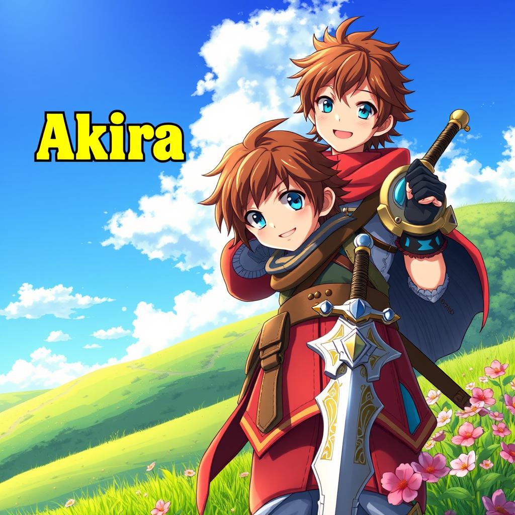 An engaging fantasy anime cover titled 'Akira' in bold yellow letters, featuring a 16-year-old young warrior with chestnut brown hair and bright blue eyes, smiling with joy