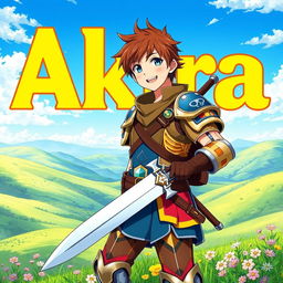 An engaging fantasy anime cover titled 'Akira' in bold yellow letters, featuring a 16-year-old young warrior with chestnut brown hair and bright blue eyes, smiling with joy