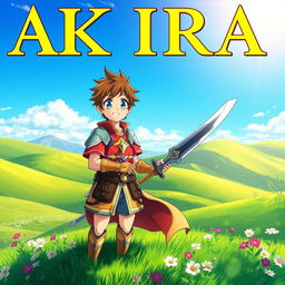 An engaging fantasy anime cover titled 'Akira' in bold yellow letters, featuring a 16-year-old young warrior with chestnut brown hair and bright blue eyes, smiling with joy