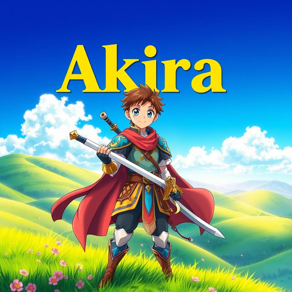 An engaging fantasy anime cover titled 'Akira' in bold yellow letters, featuring a 16-year-old young warrior with chestnut brown hair and bright blue eyes, smiling with joy