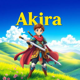 An engaging fantasy anime cover titled 'Akira' in bold yellow letters, featuring a 16-year-old young warrior with chestnut brown hair and bright blue eyes, smiling with joy