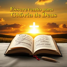 A captivating book cover for 'Escrevendo para a Glória de Deus', featuring an open notebook with elegantly scripted letters flowing from the pages, symbolizing creativity and inspiration