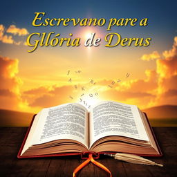 A captivating book cover for 'Escrevendo para a Glória de Deus', featuring an open notebook with elegantly scripted letters flowing from the pages, symbolizing creativity and inspiration