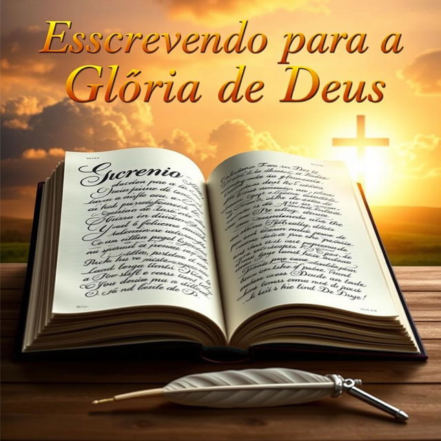 A captivating book cover for 'Escrevendo para a Glória de Deus', featuring an open notebook with elegantly scripted letters flowing from the pages, symbolizing creativity and inspiration