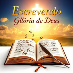 A captivating book cover for 'Escrevendo para a Glória de Deus', featuring an open notebook with elegantly scripted letters flowing from the pages, symbolizing creativity and inspiration