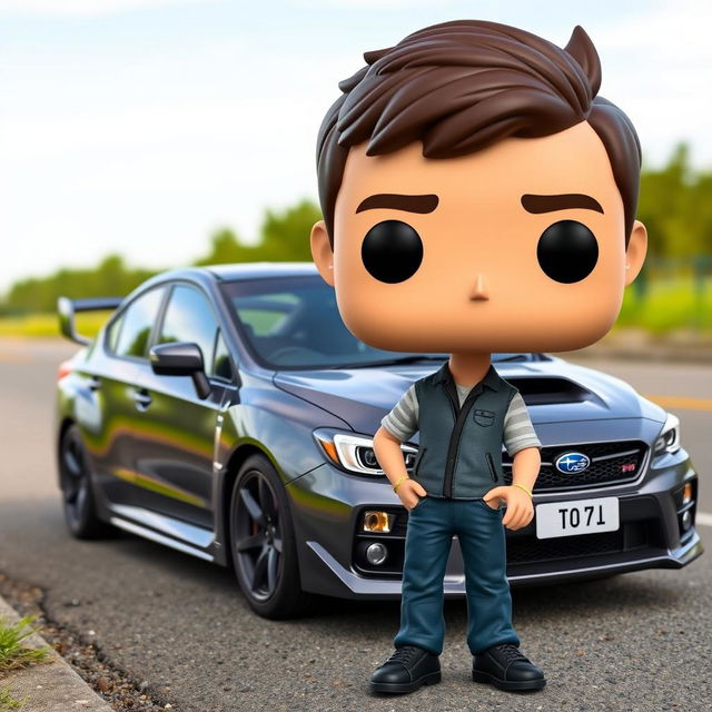 A Funko Pop figurine of a 20-year-old man with short, dark brown hair, standing next to a sleek gray Subaru STI parked on a road