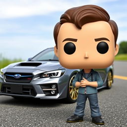 A Funko Pop figurine of a 20-year-old man with short, dark brown hair, standing next to a sleek gray Subaru STI parked on a road