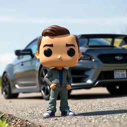 A Funko Pop figurine of a 20-year-old man with short, dark brown hair, standing next to a sleek gray Subaru STI parked on a road