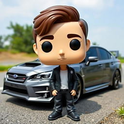 A Funko Pop figurine of a 20-year-old man with short, dark brown hair, standing next to a sleek gray Subaru STI parked on a road