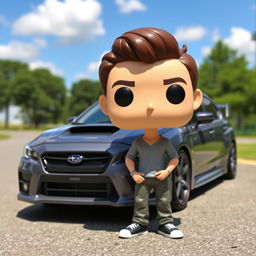 A Funko Pop figurine of a 20-year-old boy with short, dark brown hair, enjoying a casual pose next to a stylish gray Subaru STI parked on a paved road