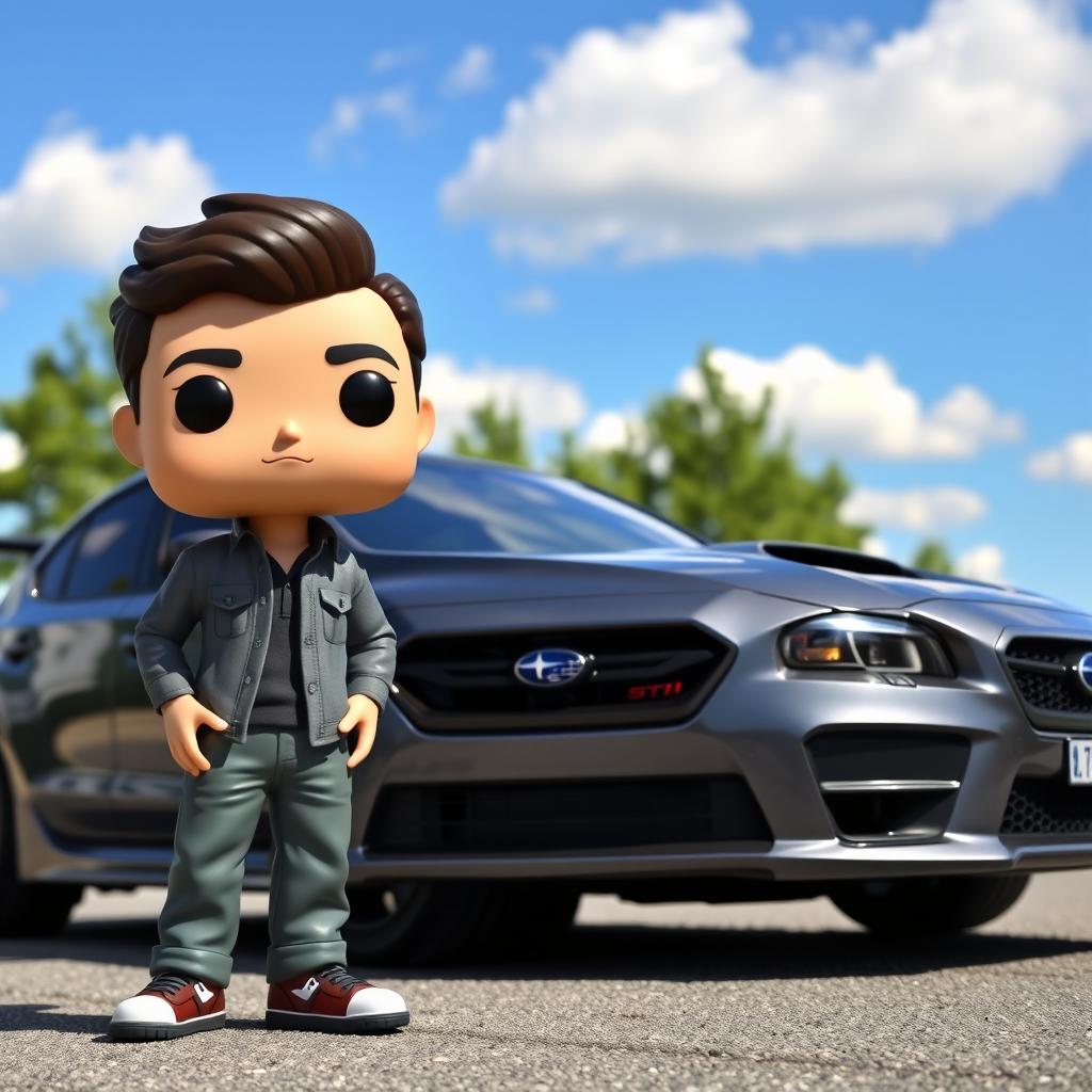 A Funko Pop figurine of a 20-year-old boy with short, dark brown hair, enjoying a casual pose next to a stylish gray Subaru STI parked on a paved road