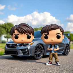 A Funko Pop figurine of a 20-year-old boy with short, dark brown hair, enjoying a casual pose next to a stylish gray Subaru STI parked on a paved road