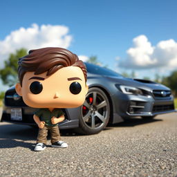 A Funko Pop figurine of a 20-year-old boy with short, dark brown hair, enjoying a casual pose next to a stylish gray Subaru STI parked on a paved road