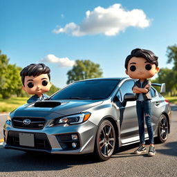 A Funko Pop scene featuring a 20-year-old boy with short, dark brown hair standing proudly next to a gray Subaru STI parked on a paved road