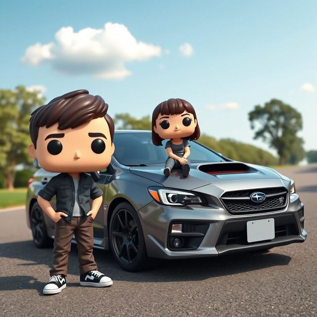 A Funko Pop scene featuring a 20-year-old boy with short, dark brown hair standing proudly next to a gray Subaru STI parked on a paved road