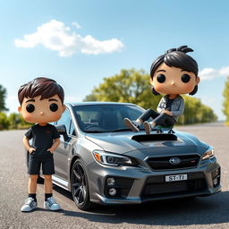 A Funko Pop scene featuring a 20-year-old boy with short, dark brown hair standing proudly next to a gray Subaru STI parked on a paved road