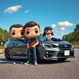 A Funko Pop scene featuring a 20-year-old boy with short, dark brown hair standing proudly next to a gray Subaru STI parked on a paved road