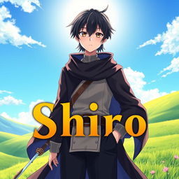 A captivating fantasy anime cover titled 'Shiro' in bold yellow letters, featuring a 16-year-old mage with sleek black hair and warm brown eyes