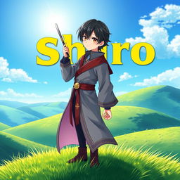 A captivating fantasy anime cover titled 'Shiro' in bold yellow letters, featuring a 16-year-old mage with sleek black hair and warm brown eyes