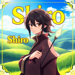 A captivating fantasy anime cover titled 'Shiro' in bold yellow letters, featuring a 16-year-old mage with sleek black hair and warm brown eyes